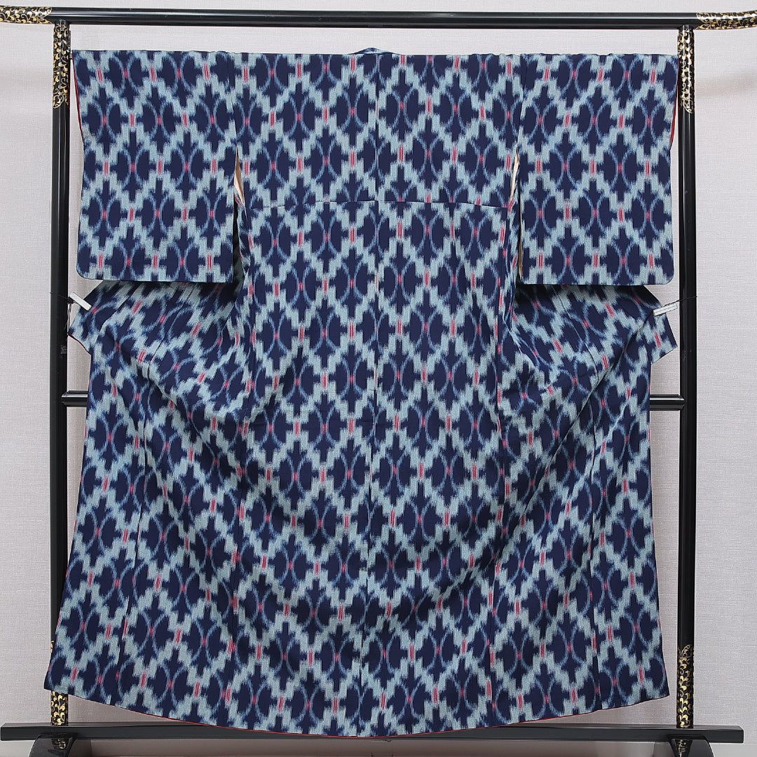 紬 袷 身丈160cm 裄丈68cm 正絹 Aランク Lサイズ バチ衿 カジュアル 菱