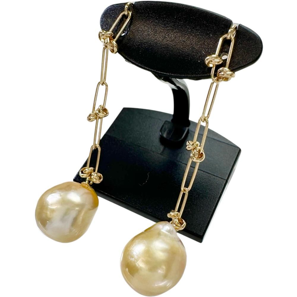 ペーパークリップチェーン バロック白蝶真珠10.8mm ピアス K18ゴールド