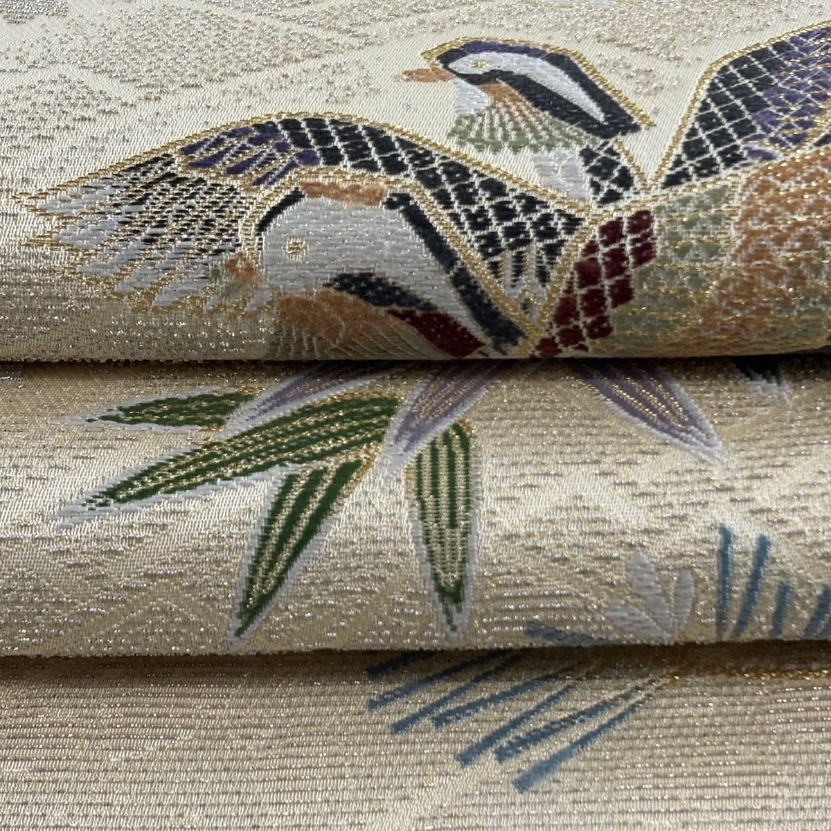 美品】 袋帯 逸品 羽田登喜男監修 落款 鴛鴦 松竹梅 輪奈織 金銀糸