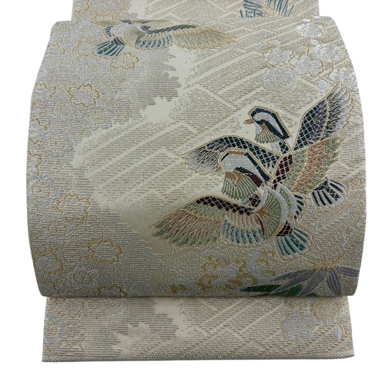 美品】 袋帯 逸品 羽田登喜男監修 落款 鴛鴦 松竹梅 輪奈織 金銀糸