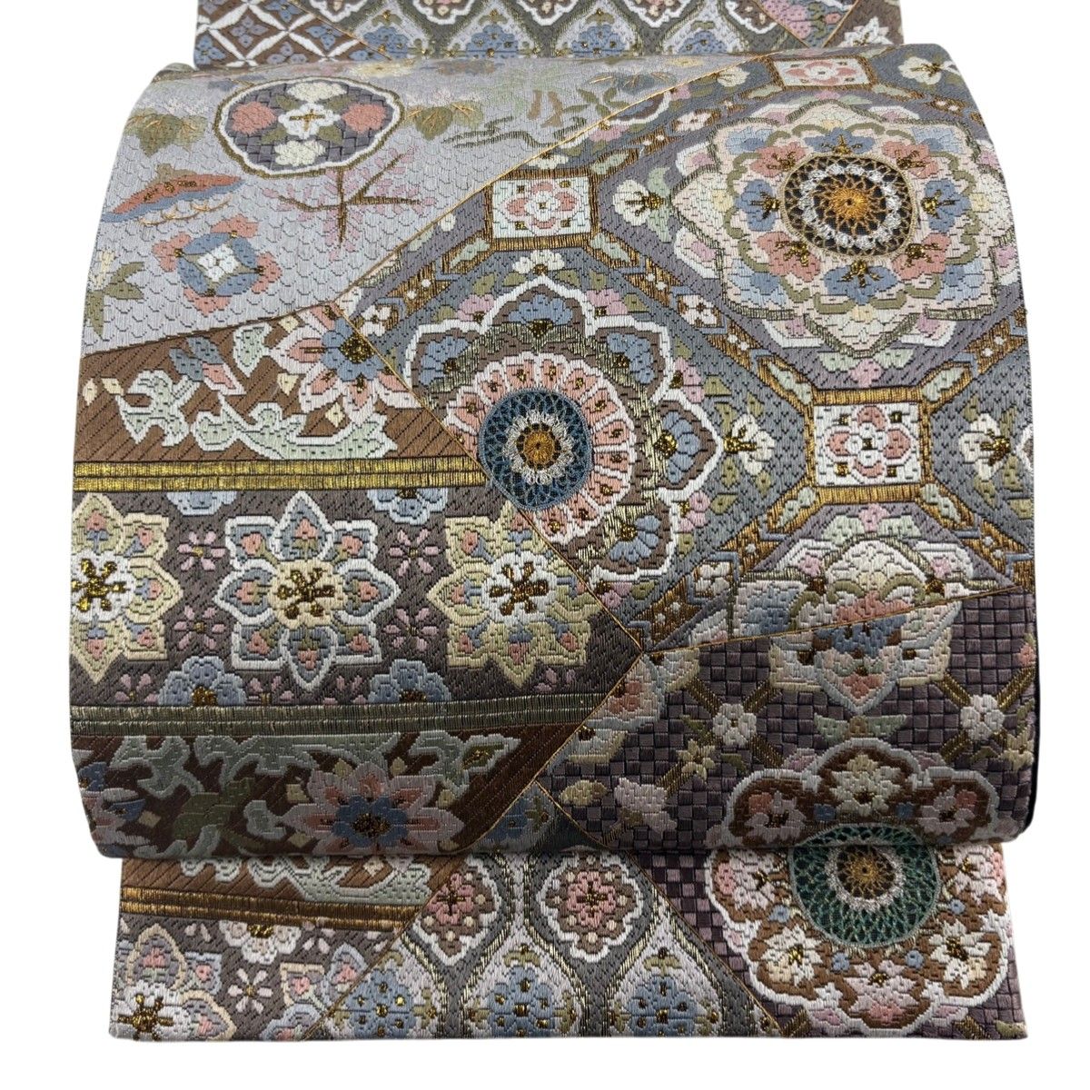 袋帯 逸品 蜀江華文 草花 絽刺し 金銀糸 灰紫 全通 正絹 【中古