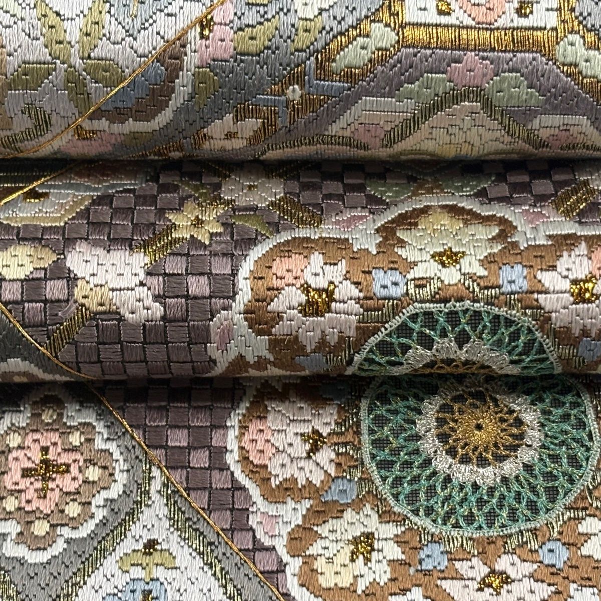 袋帯 逸品 蜀江華文 草花 絽刺し 金銀糸 灰紫 全通 正絹 【中古