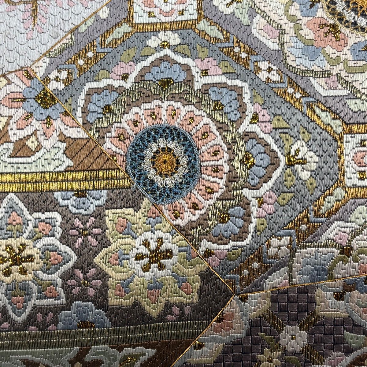 袋帯 逸品 蜀江華文 草花 絽刺し 金銀糸 灰紫 全通 正絹 【中古