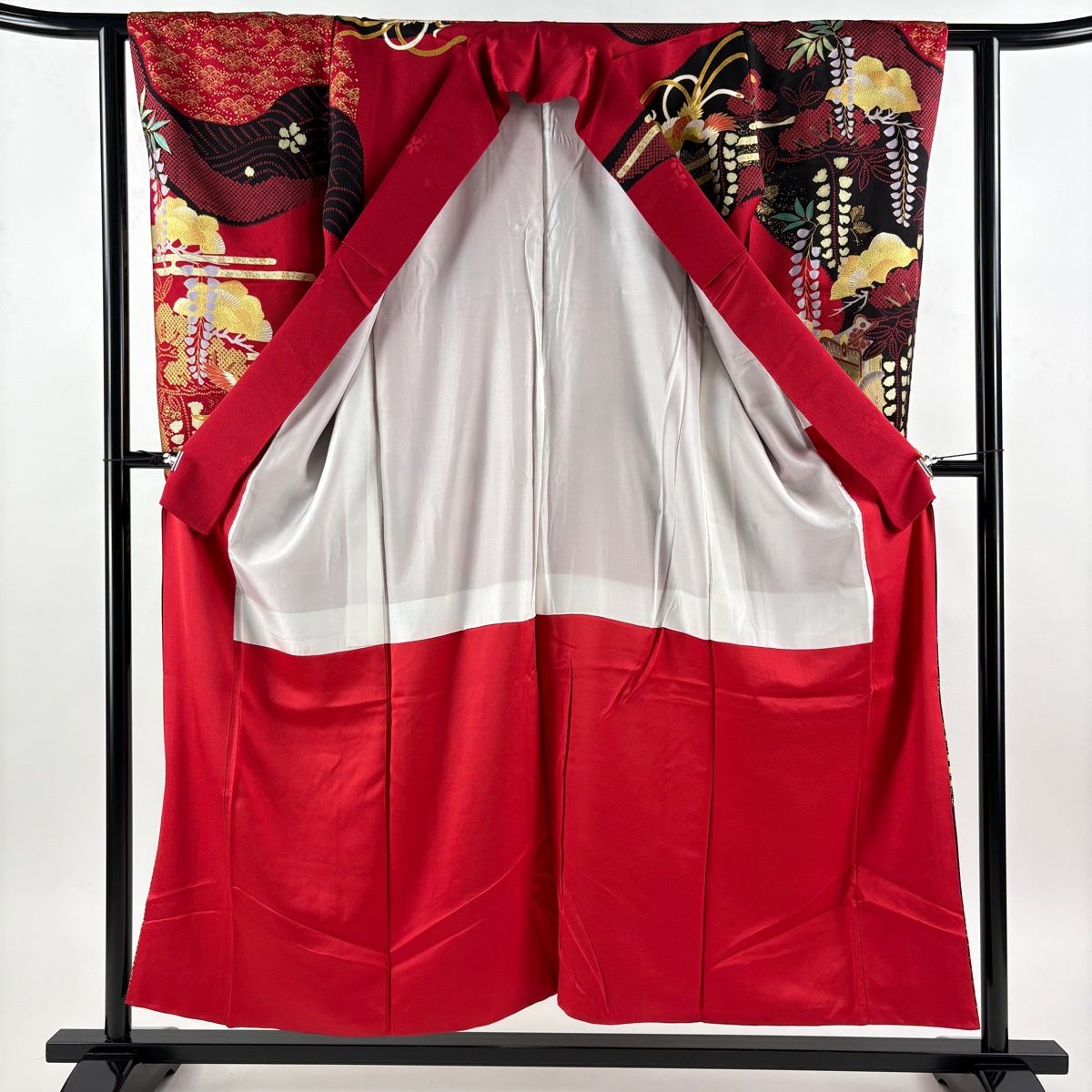 振袖 身丈154cm 裄丈61.5cm S 袷 御所車 尾長鳥 金彩 赤 正絹 秀品