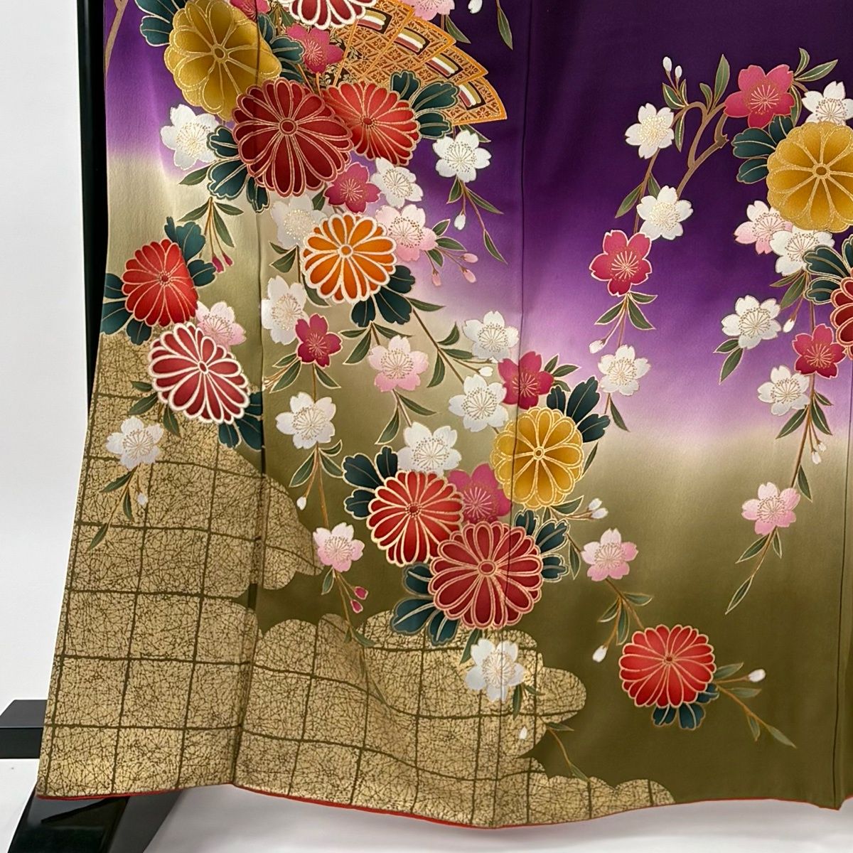 振袖 身丈167.5cm 裄丈69cm L 袷 檜扇 草花 金彩 ぼかし 濃紫 正絹 秀