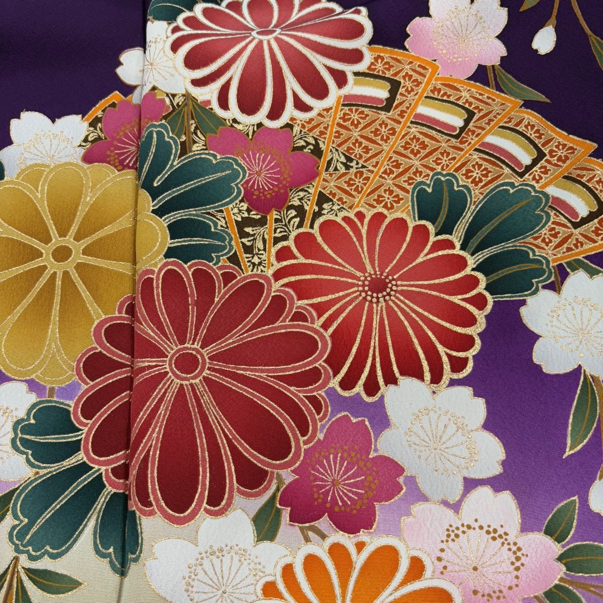 振袖 身丈167.5cm 裄丈69cm L 袷 檜扇 草花 金彩 ぼかし 濃紫 正絹 秀