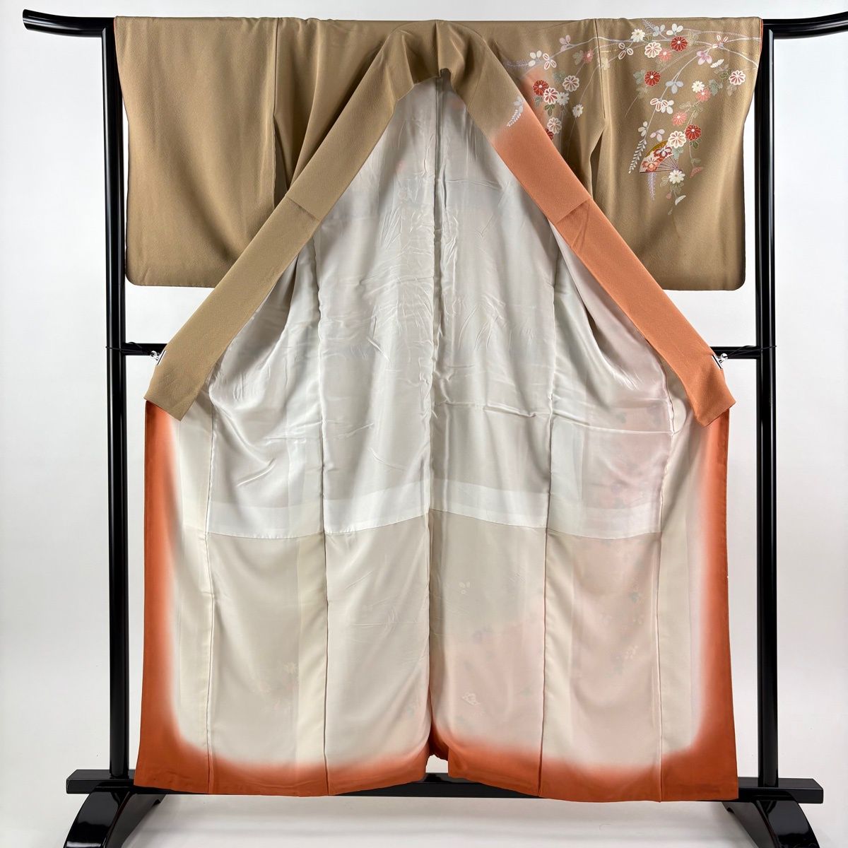 訪問着 身丈158cm 裄丈64cm M 袷 扇 草花 金銀彩 染め分け 薄オレンジ