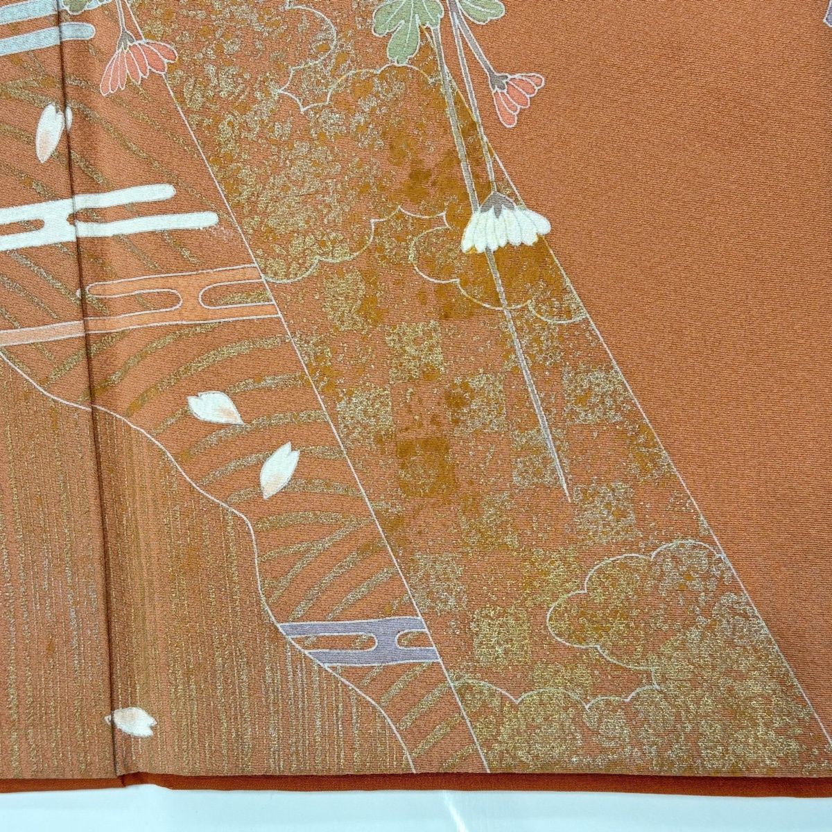 訪問着 身丈158cm 裄丈64cm M 袷 扇 草花 金銀彩 染め分け 薄オレンジ