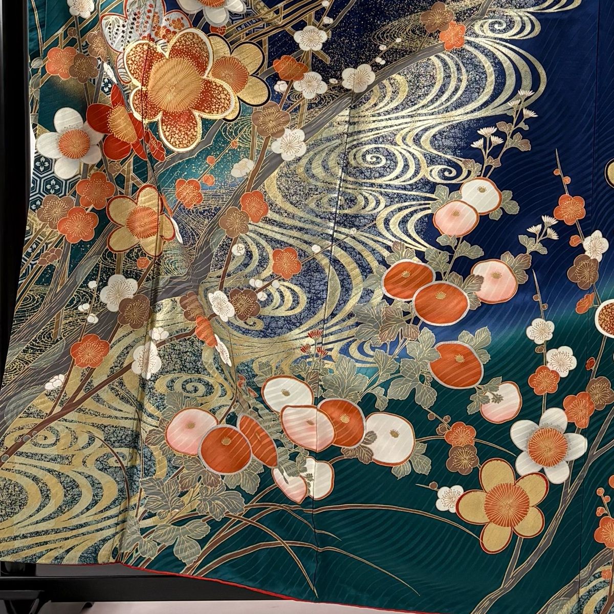 振袖 身丈161cm 裄丈68.5cm L 袷 枝梅 観世水 金糸 金彩 青 正絹 秀品