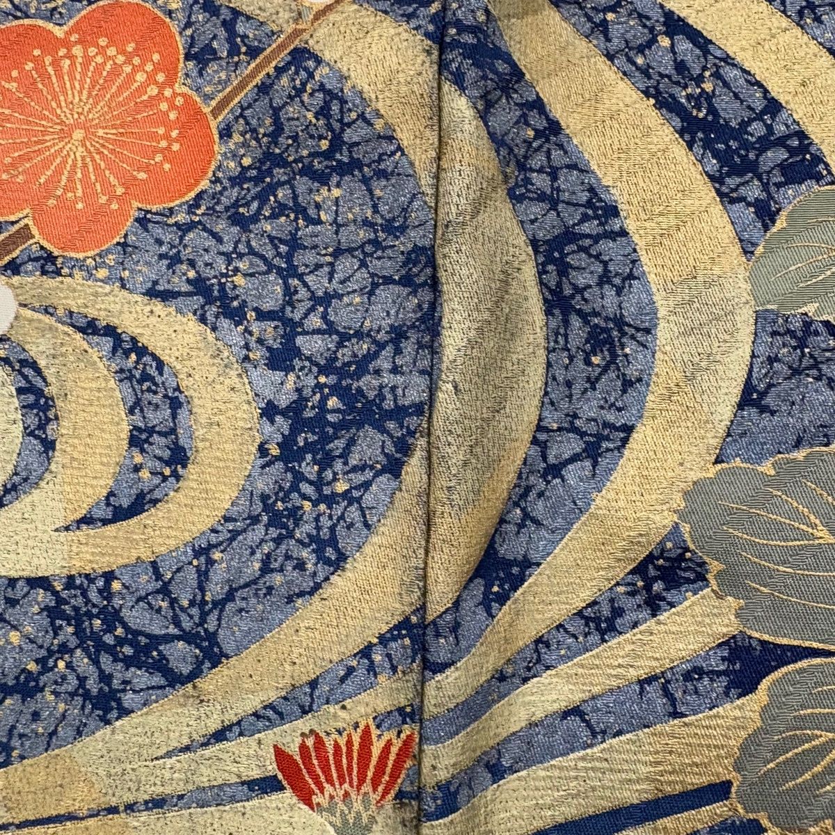 振袖 身丈161cm 裄丈68.5cm L 袷 枝梅 観世水 金糸 金彩 青 正絹 秀品