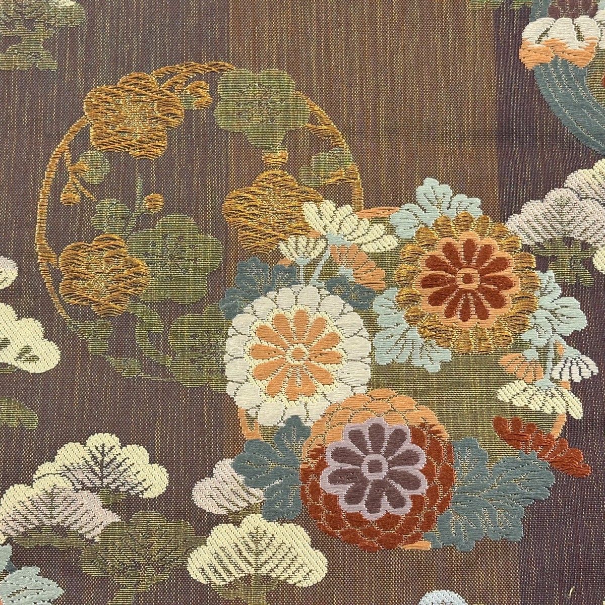 美品】 袋帯 秀品 花丸文 松 金糸 唐織 茶色 六通 正絹 【中古