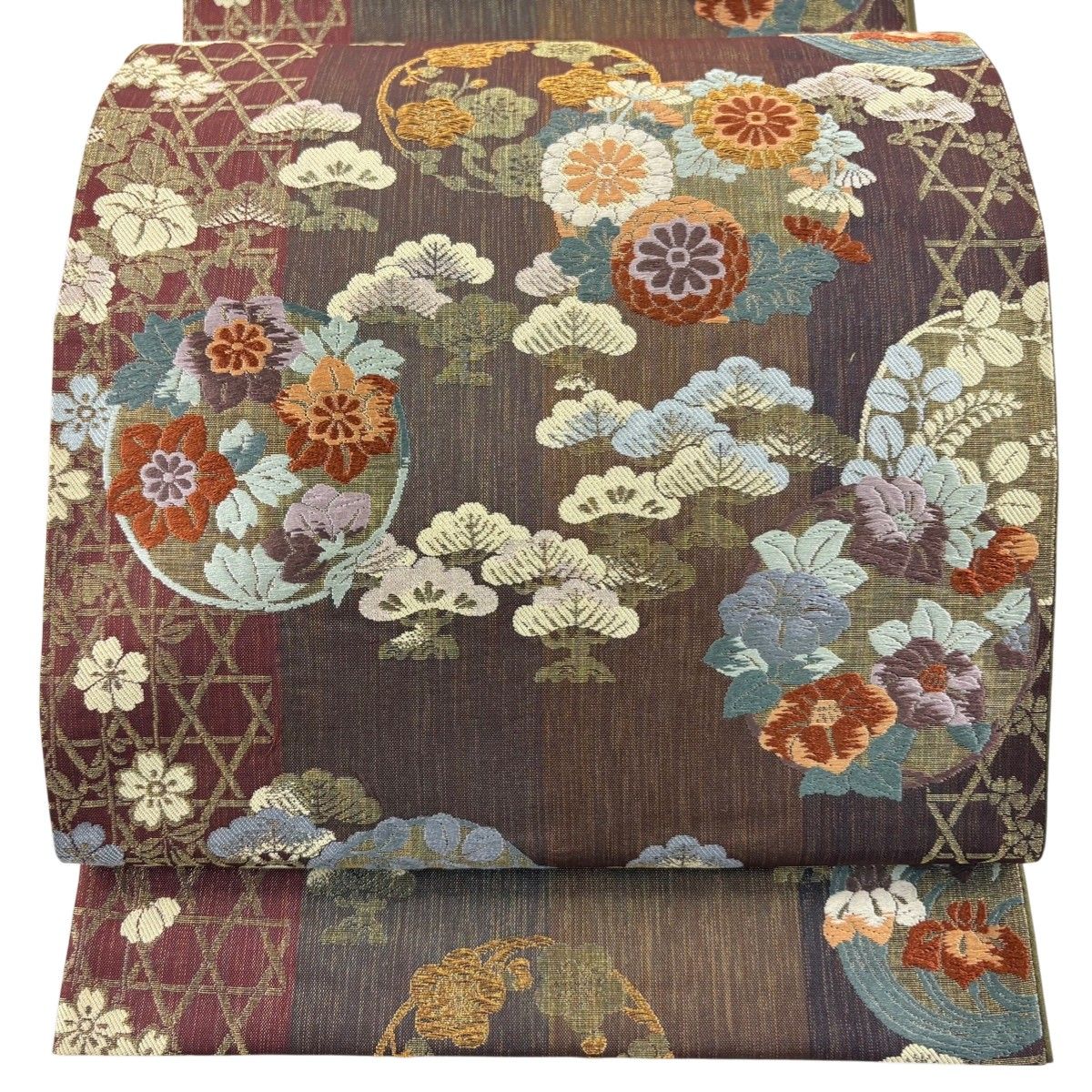 美品】 袋帯 秀品 花丸文 松 金糸 唐織 茶色 六通 正絹 【中古