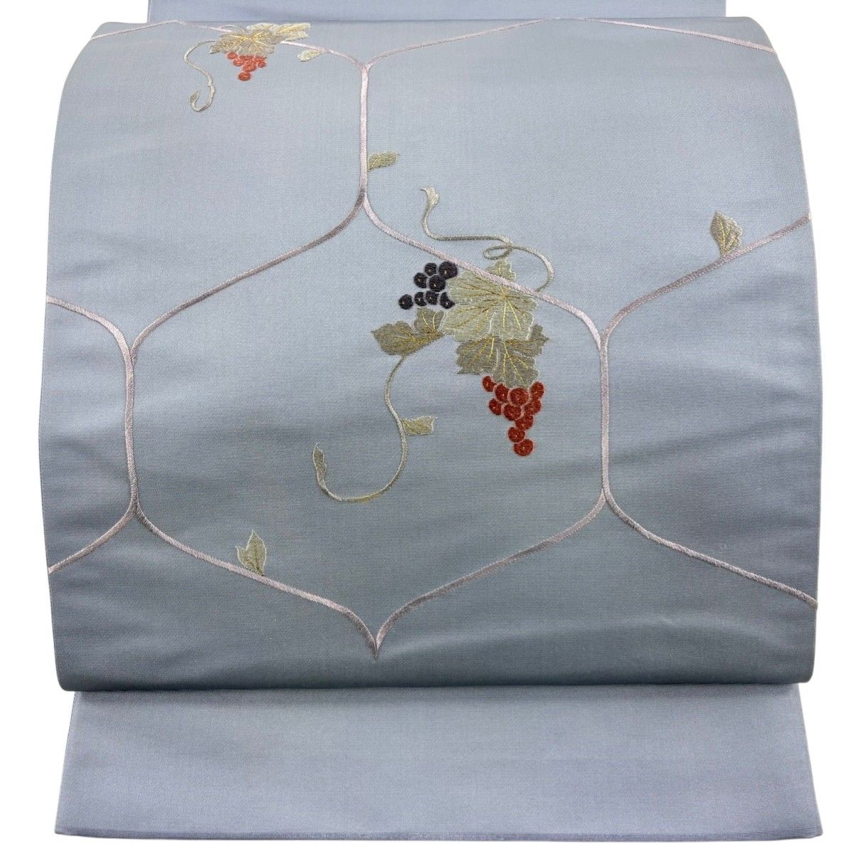 袋帯 秀品 関西仕立て 葡萄 幾何学模様 刺繍 金糸 青灰色 お太鼓柄