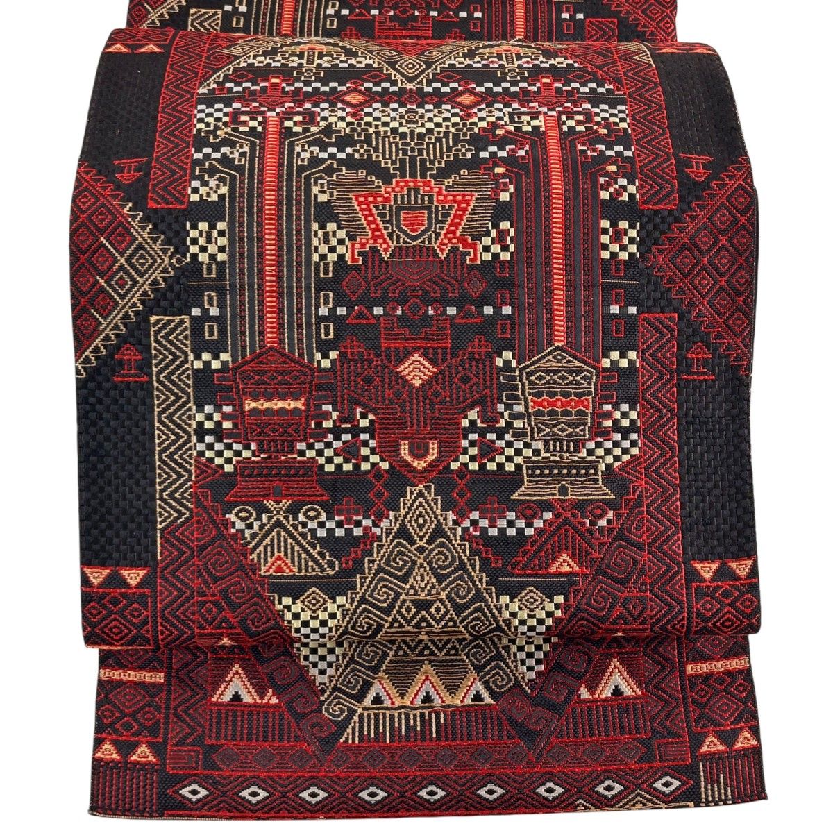 名古屋帯 優品 八寸名古屋帯 松葉仕立て 幾何学模様 金糸 黒 正絹