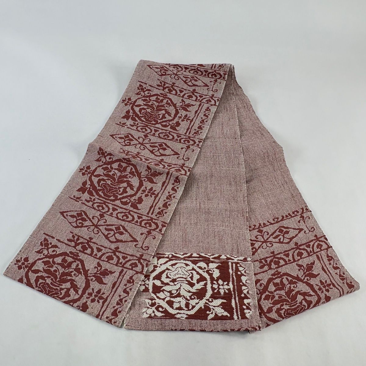 名古屋帯 優品 八寸名古屋帯 草花 幾何学模様 濃ピンク 正絹 【中古