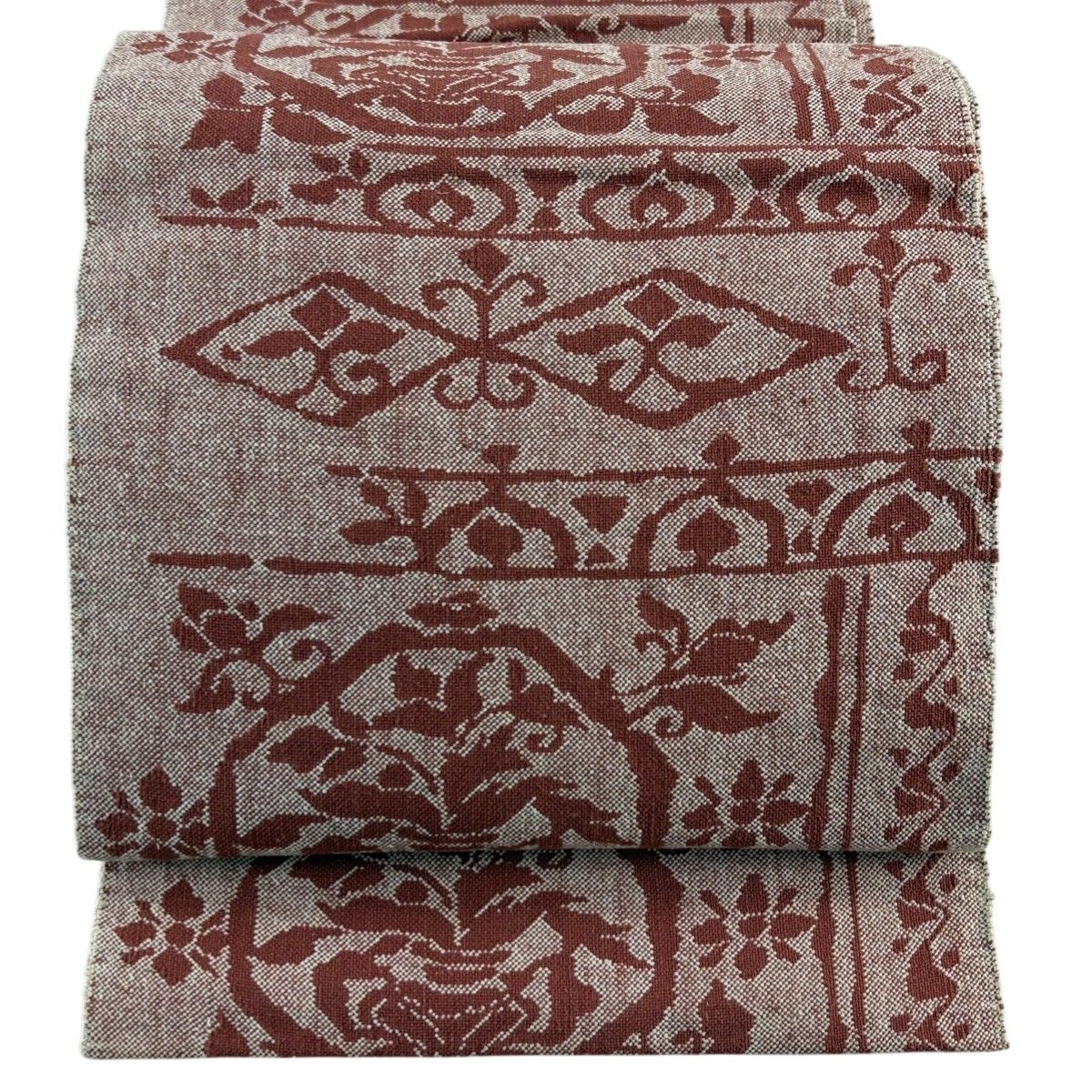 名古屋帯 優品 八寸名古屋帯 草花 幾何学模様 濃ピンク 正絹 【中古