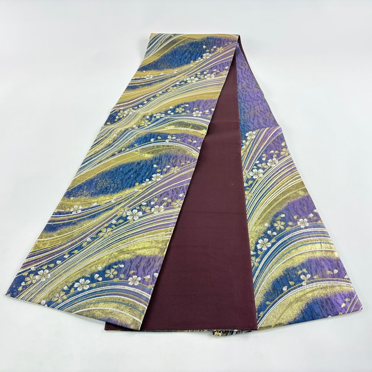 美品】 袋帯 秀品 鈴乃屋 桜 花びら 金糸 箔 青 六通 正絹 【中古