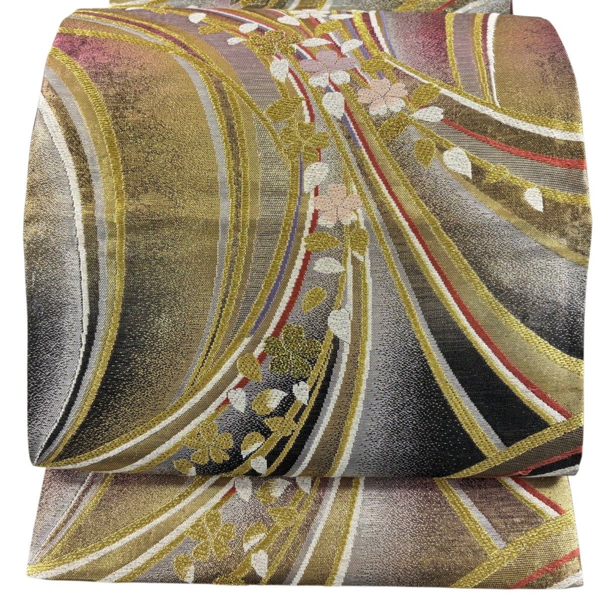 美品】 袋帯 秀品 鈴乃屋 桜 花びら 唐織 箔 金色 六通 正絹 【中古