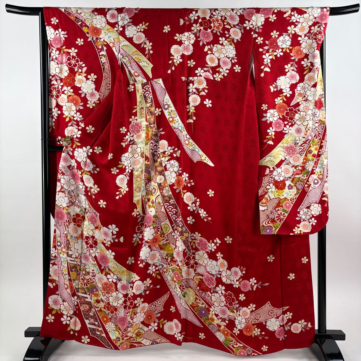 美品】 振袖 身丈164cm 裄丈67cm M 袷 桜 熨斗 金糸 金彩 赤 正絹 名品