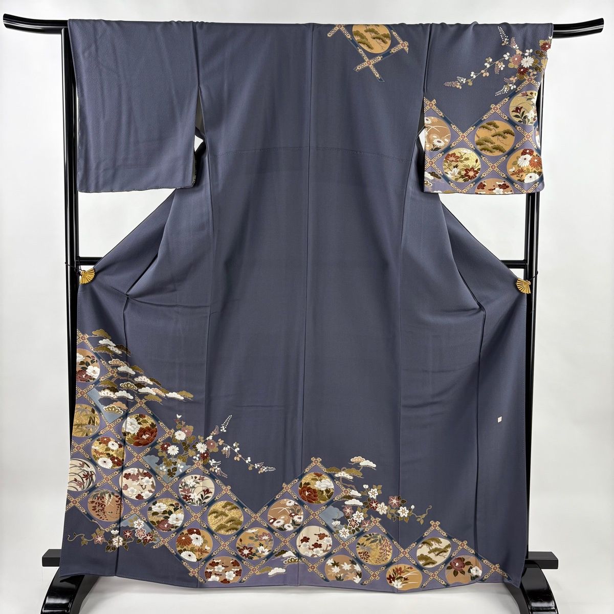 訪問着 身丈167cm 裄丈68cm L 袷 落款 格天井 松竹梅 金彩 染め分け 灰