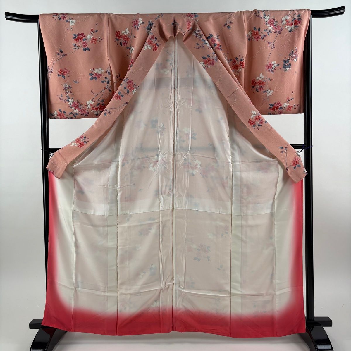 美品】 小紋 身丈165.5cm 裄丈65.5cm M 袷 枝花 童 縮緬 ピンク 正絹