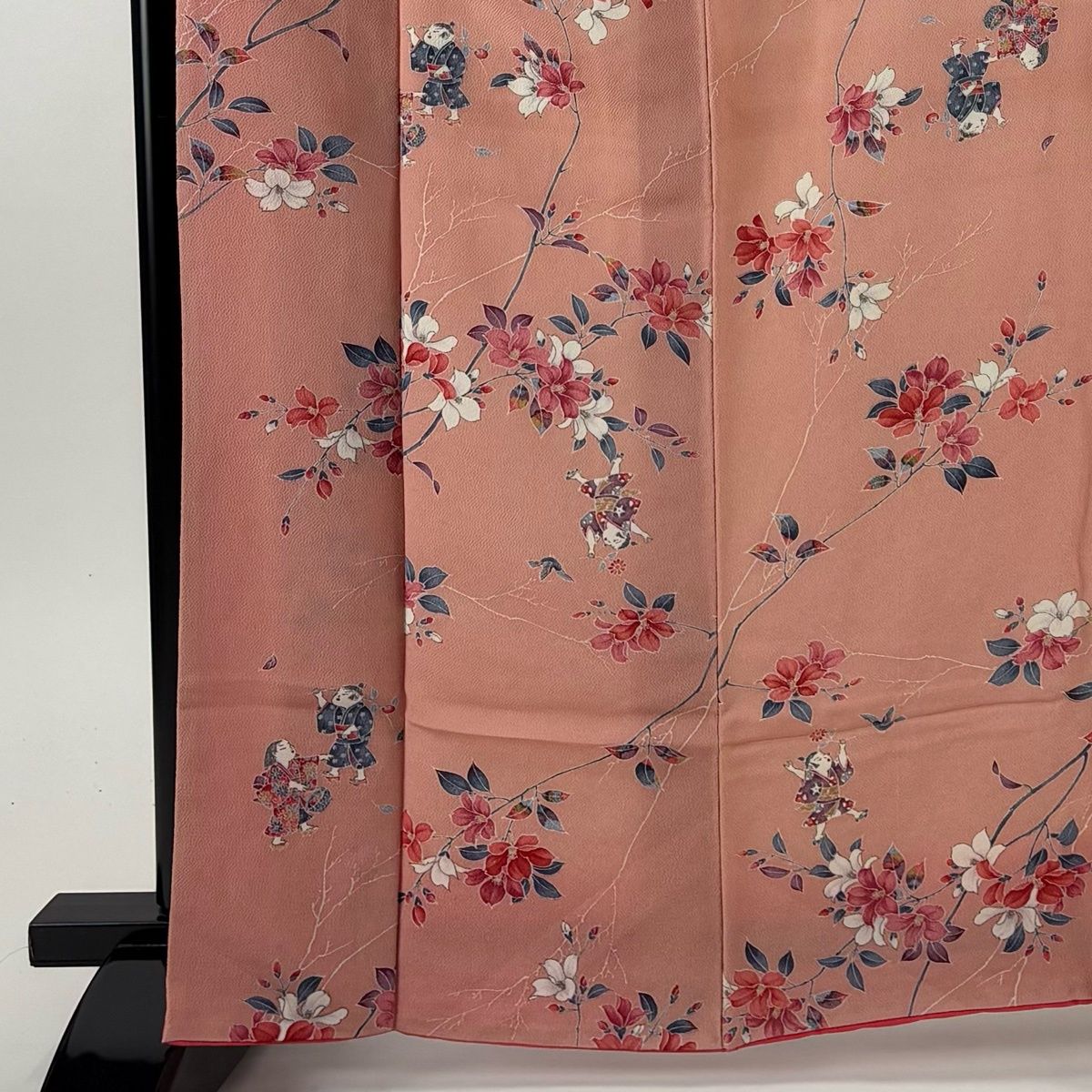 美品】 小紋 身丈165.5cm 裄丈65.5cm M 袷 枝花 童 縮緬 ピンク 正絹