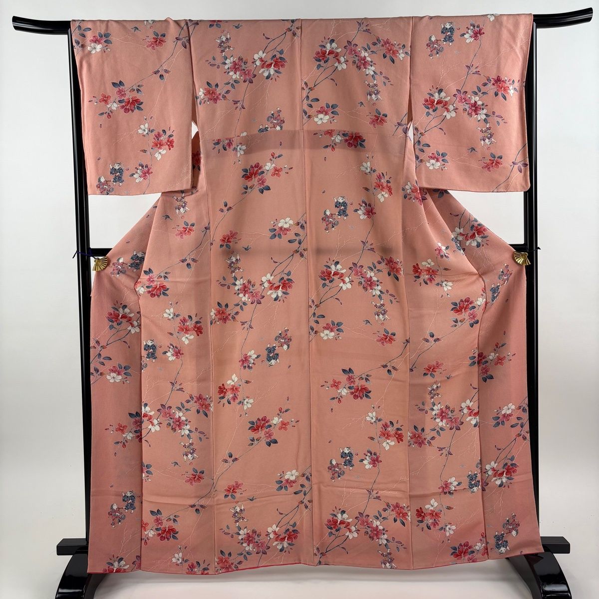 美品】 小紋 身丈165.5cm 裄丈65.5cm M 袷 枝花 童 縮緬 ピンク 正絹