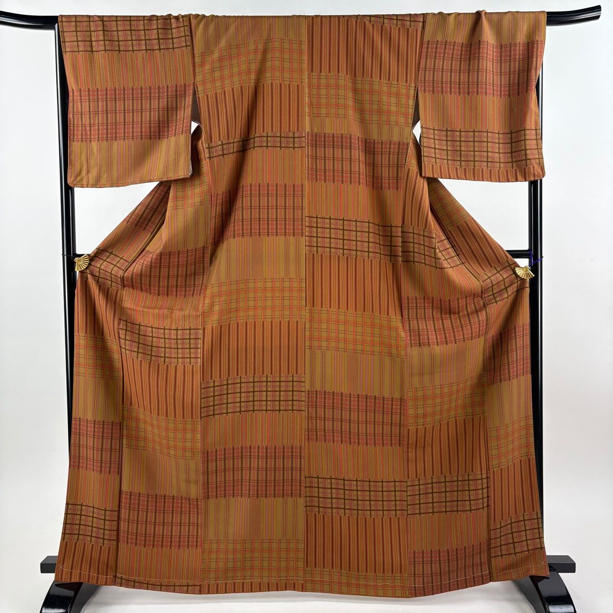 美品】 小紋 身丈167.5cm 裄丈68cm L 袷 縦縞 格子 茶色 正絹 優品