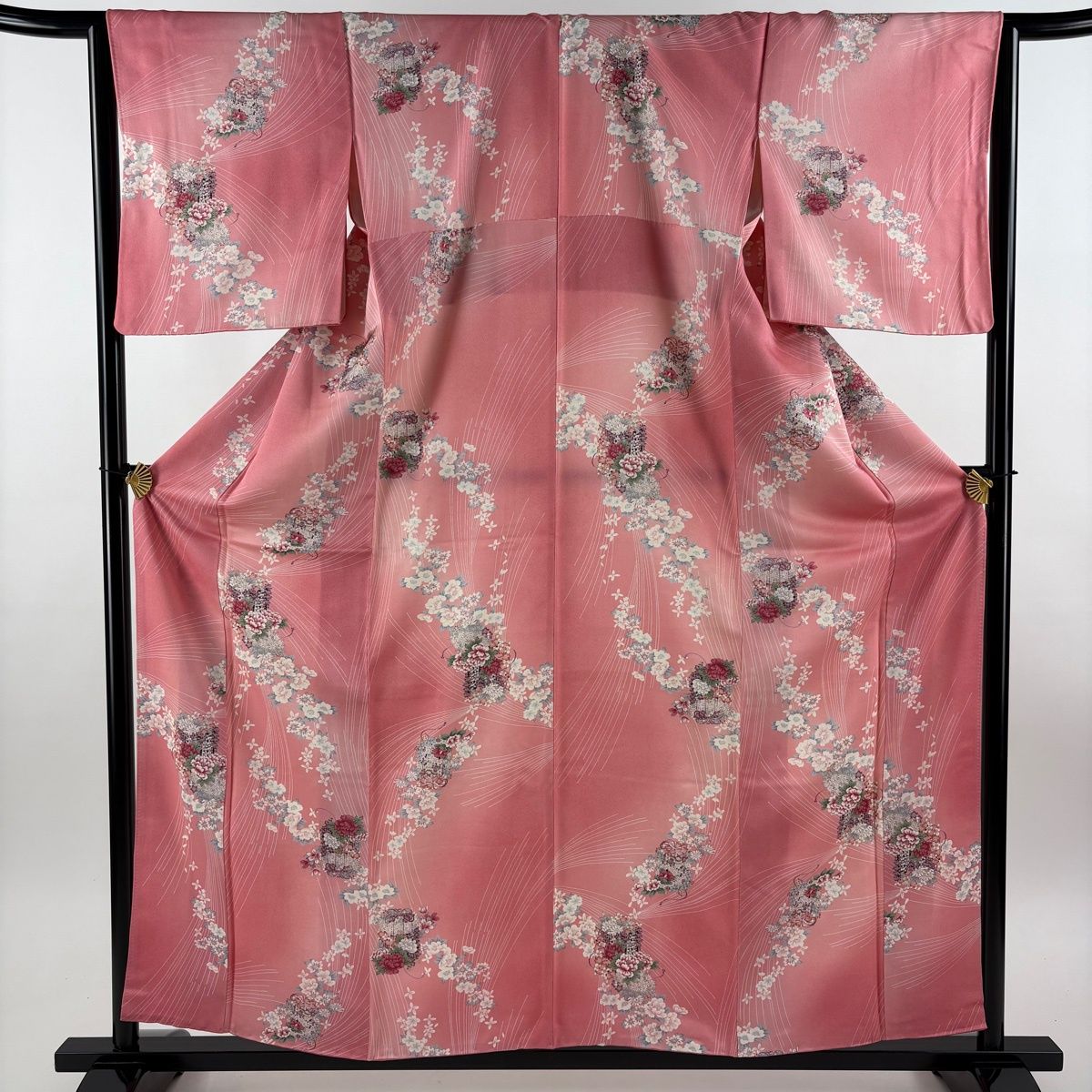 小紋 身丈160cm 裄丈64cm M 袷 草花 金彩 ぼかし ピンク 正絹 優品