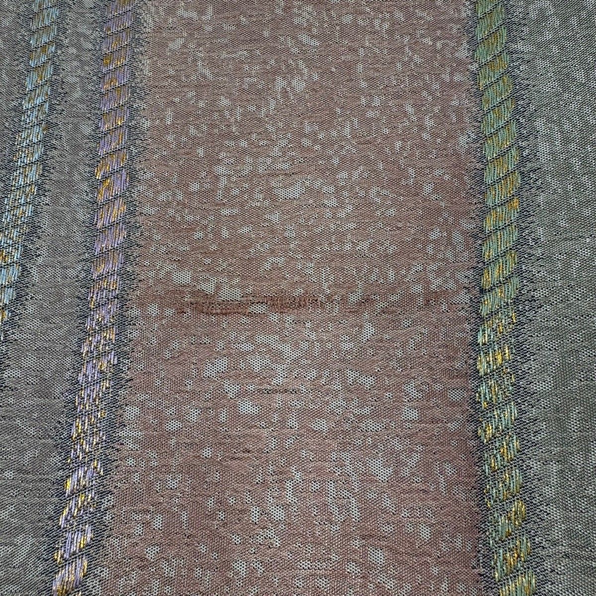 袋帯 名品 渡文 落款 幾何学模様 金糸 箔 灰色 お太鼓柄 正絹 【中古