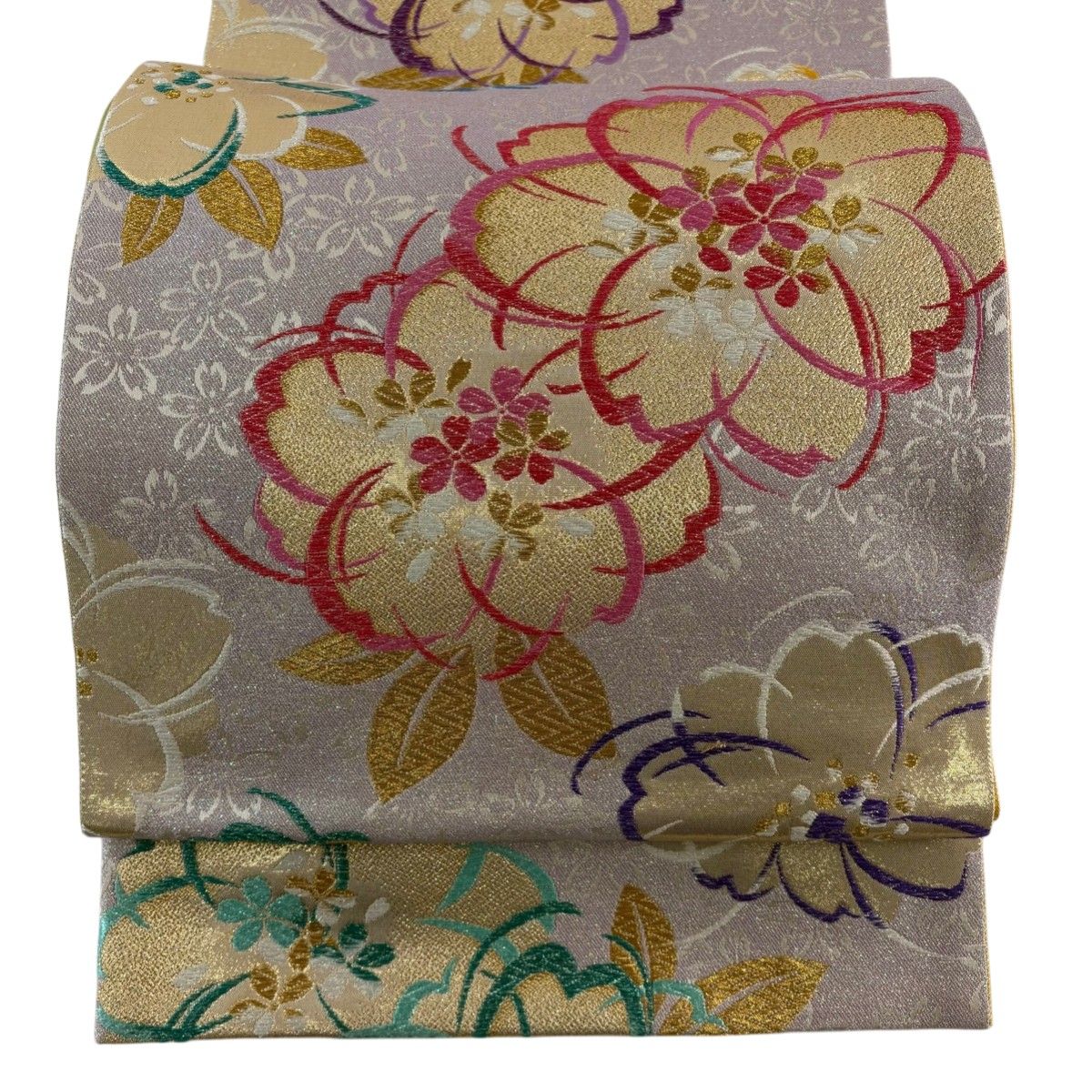 美品 袋帯 名品 やまと 立涌 花 箔 金糸 金色 六通 正絹 中古 美
