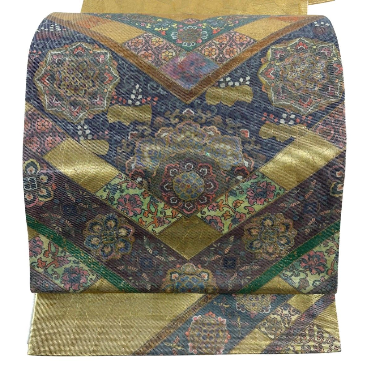 美品】 袋帯 名品 正倉院宝華文 本金箔 螺鈿箔 金色 お太鼓柄 正絹