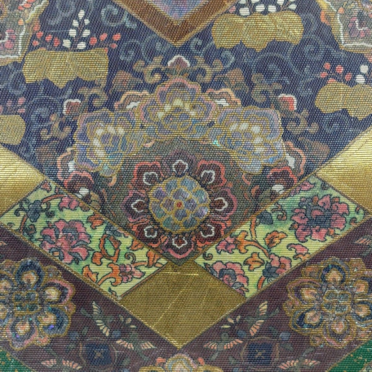 美品】 袋帯 名品 正倉院宝華文 本金箔 螺鈿箔 金色 お太鼓柄 正絹