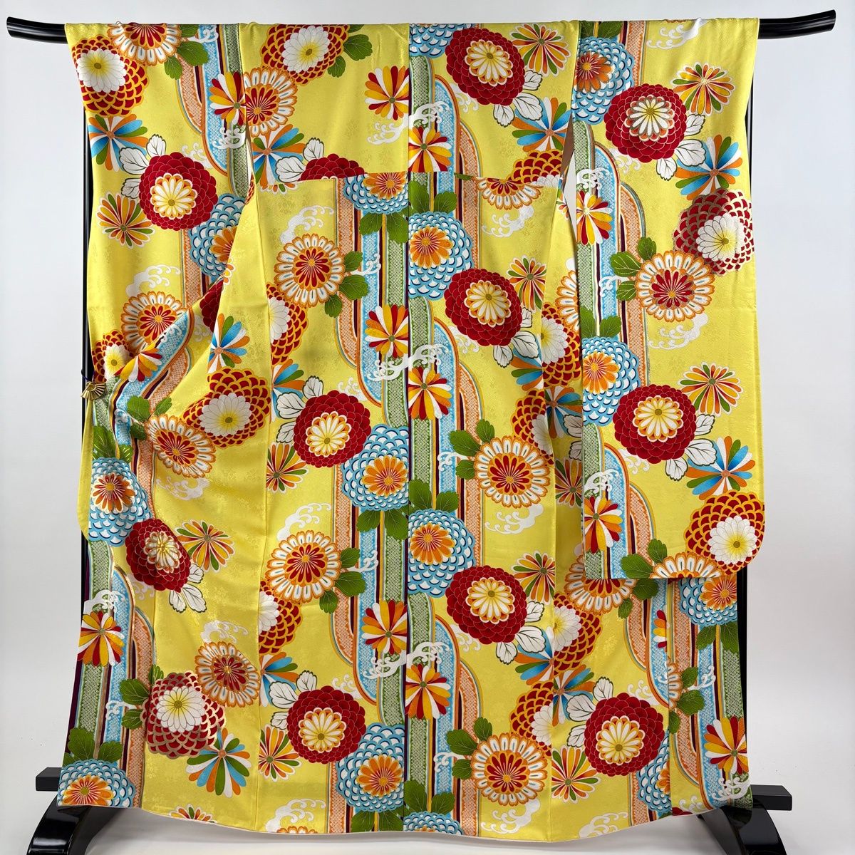 美品】 振袖 身丈168cm 裄丈71.5cm L 袷 袋帯フルセット 波頭 菊 金糸