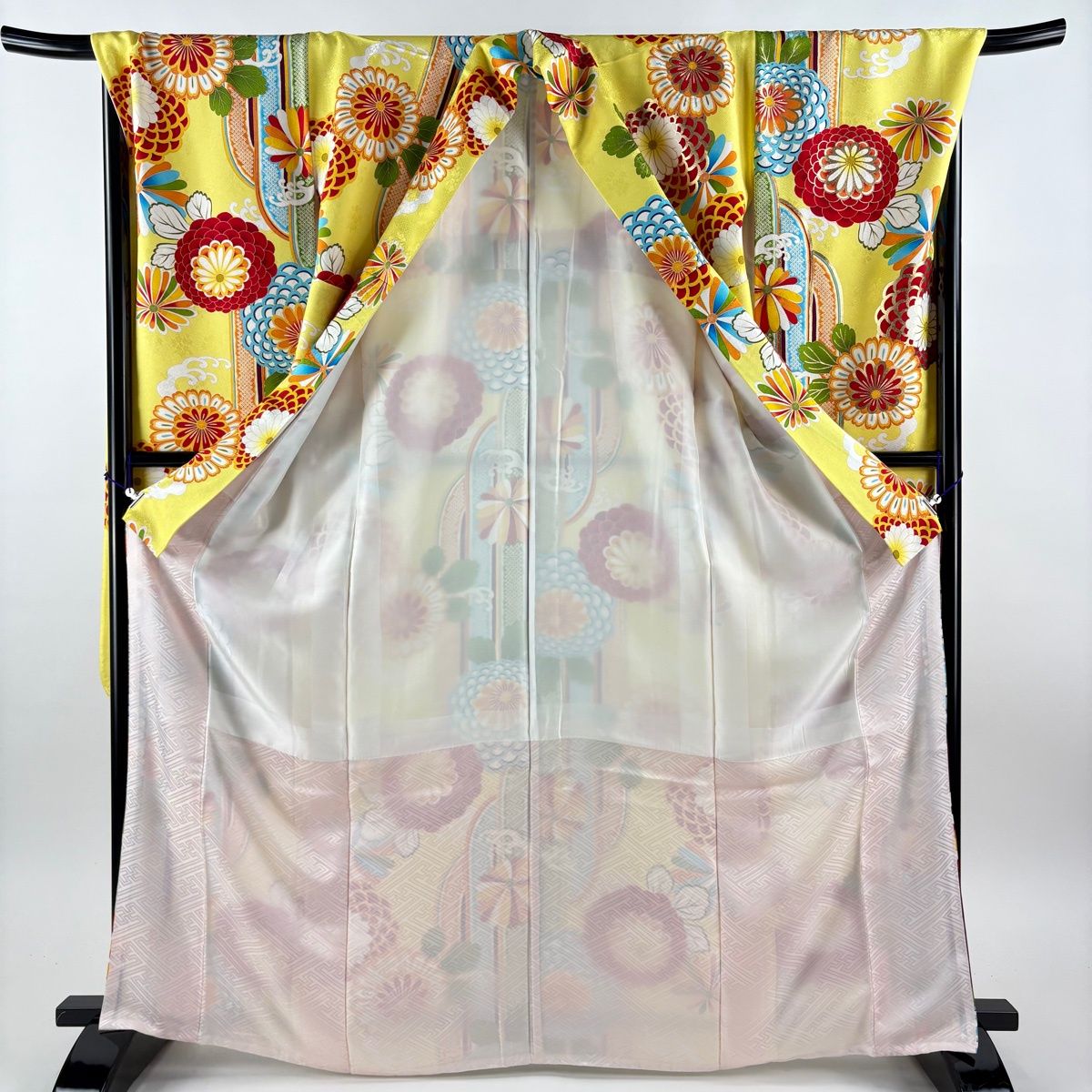 美品】 振袖 身丈168cm 裄丈71.5cm L 袷 袋帯フルセット 波頭 菊 金糸