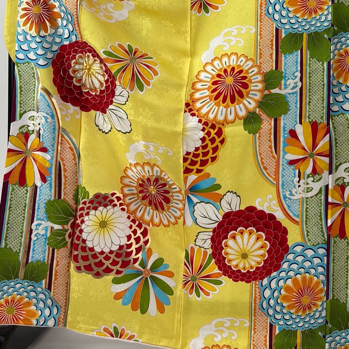 美品】 振袖 身丈168cm 裄丈71.5cm L 袷 袋帯フルセット 波頭 菊 金糸