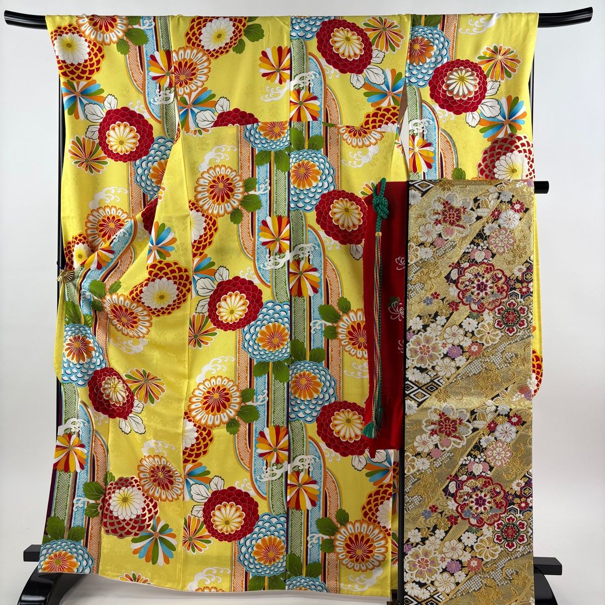 美品】 振袖 身丈168cm 裄丈71.5cm L 袷 袋帯フルセット 波頭 菊 金糸