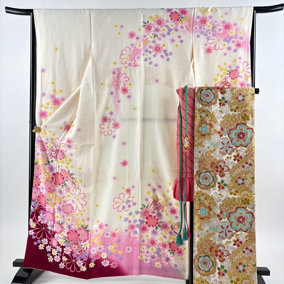 美品】 振袖 身丈164cm 裄丈66.5cm M 袷 袋帯フルセット 草花 鈴 金彩