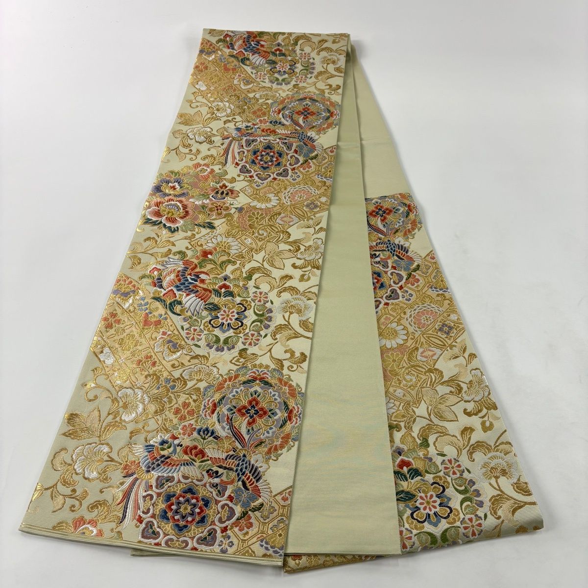 美品】 袋帯 秀品 華文 鳳凰 金糸 箔 抹茶色 六通 正絹 【中古