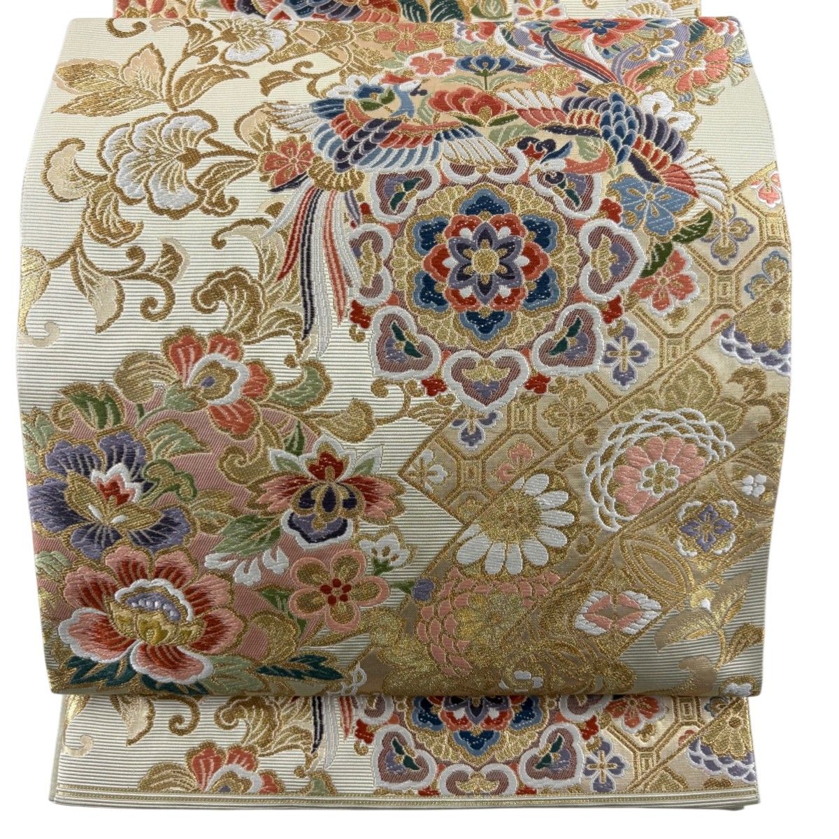 美品】 袋帯 秀品 華文 鳳凰 金糸 箔 抹茶色 六通 正絹 【中古