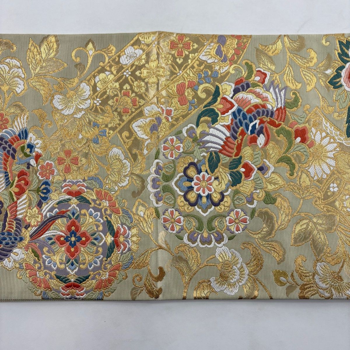 美品】 袋帯 秀品 華文 鳳凰 金糸 箔 抹茶色 六通 正絹 【中古