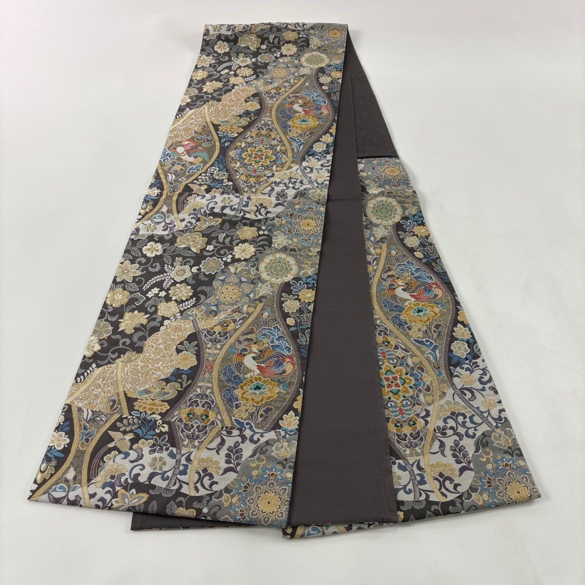 美品】 袋帯 秀品 立涌 花鳥 箔 金銀糸 灰色 六通 正絹 【中古
