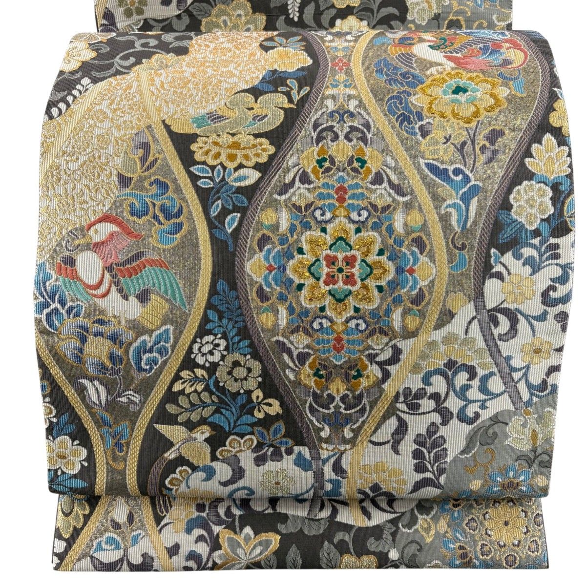美品】 袋帯 秀品 立涌 花鳥 箔 金銀糸 灰色 六通 正絹 【中古