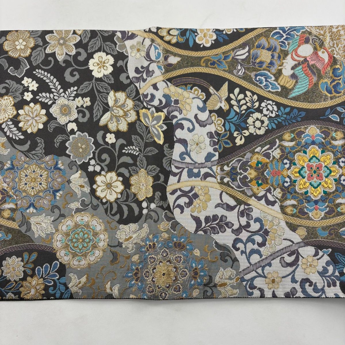 美品】 袋帯 秀品 立涌 花鳥 箔 金銀糸 灰色 六通 正絹 【中古