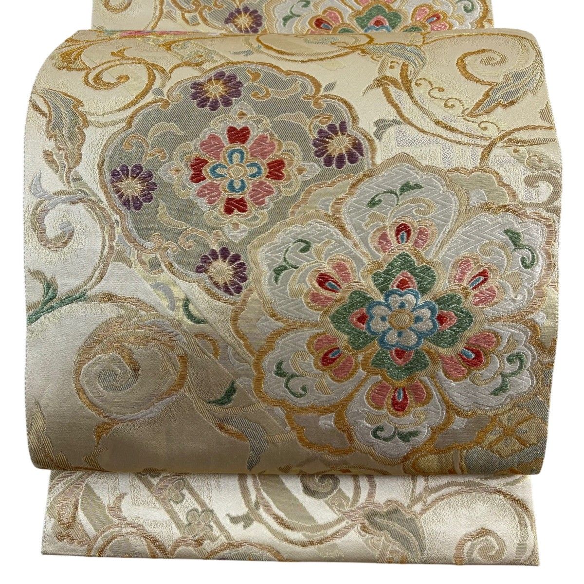 袋帯 秀品 華文 花唐草 刺繍 金銀糸 ベージュ 六通 正絹 【中古