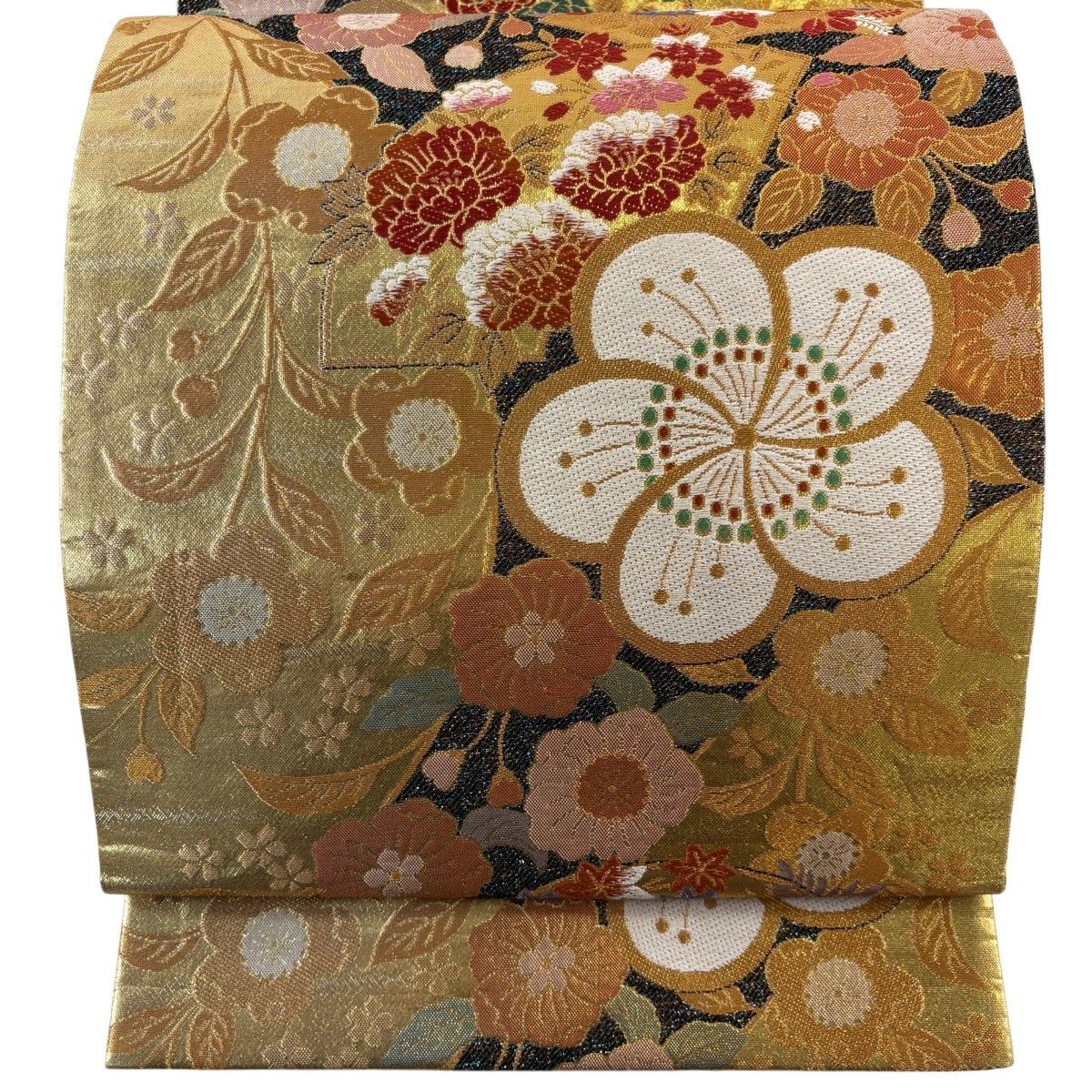袋帯 秀品 振袖向き 梅 草花 金糸 箔 金色 六通 正絹 【中古