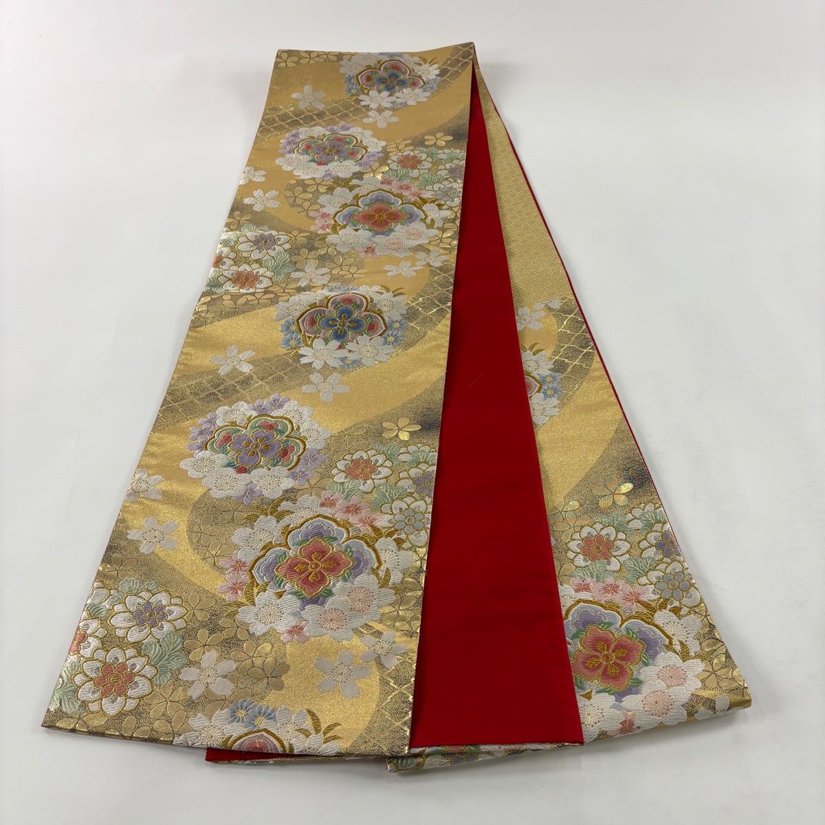 袋帯 秀品 振袖向き 華文 桜 金銀糸 箔 金色 六通 正絹 【中古