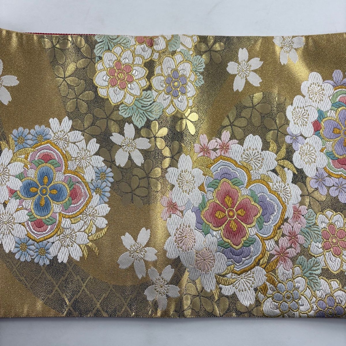 袋帯 秀品 振袖向き 華文 桜 金銀糸 箔 金色 六通 正絹 【中古