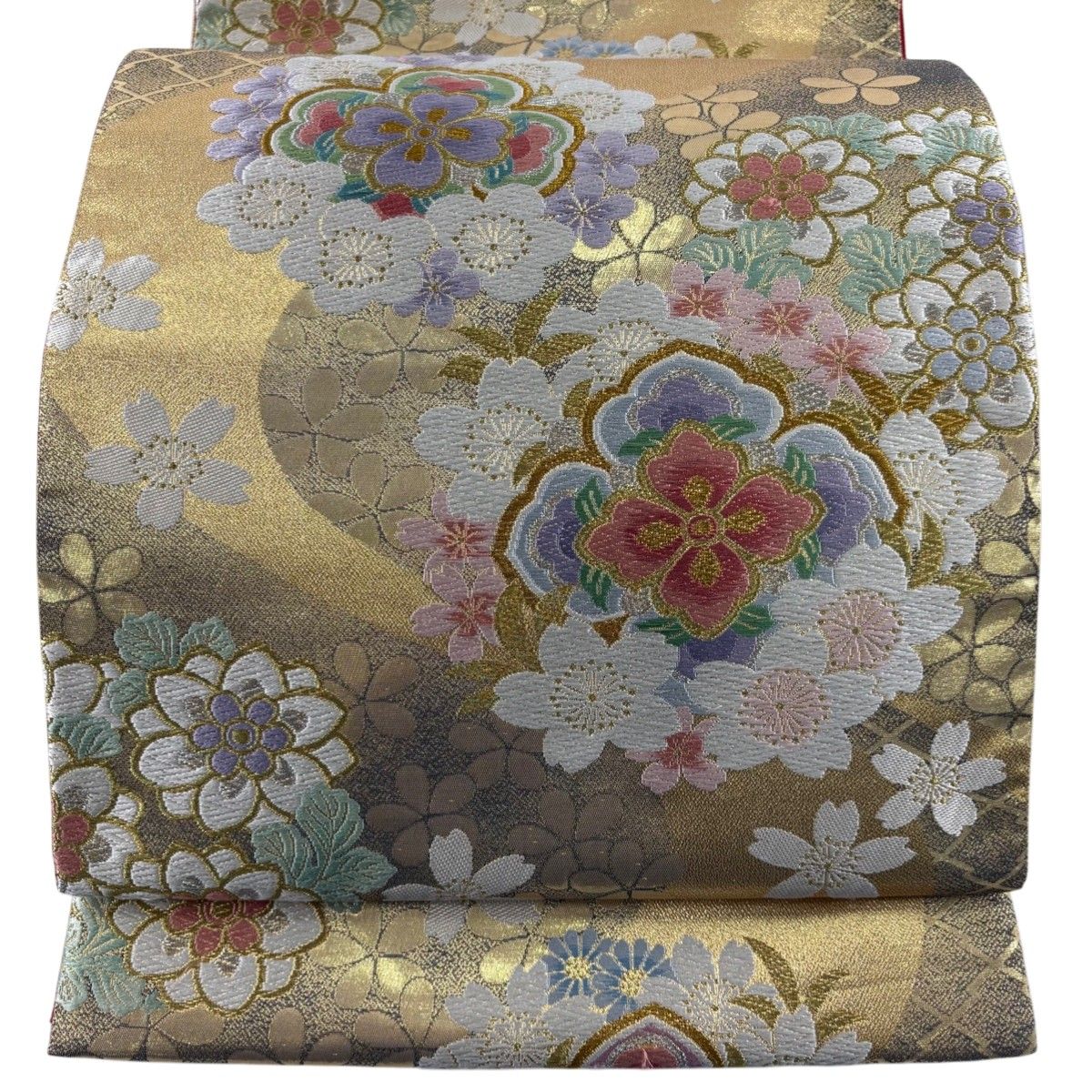 袋帯 秀品 振袖向き 華文 桜 金銀糸 箔 金色 六通 正絹 【中古