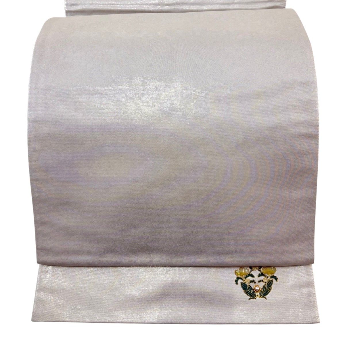 袋帯 秀品 ワンポイント柄 草花 螺鈿 箔 灰色 六通 正絹 【中古